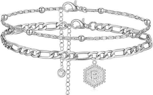 Silver Initial Anklet Layered Beaded Hexagon