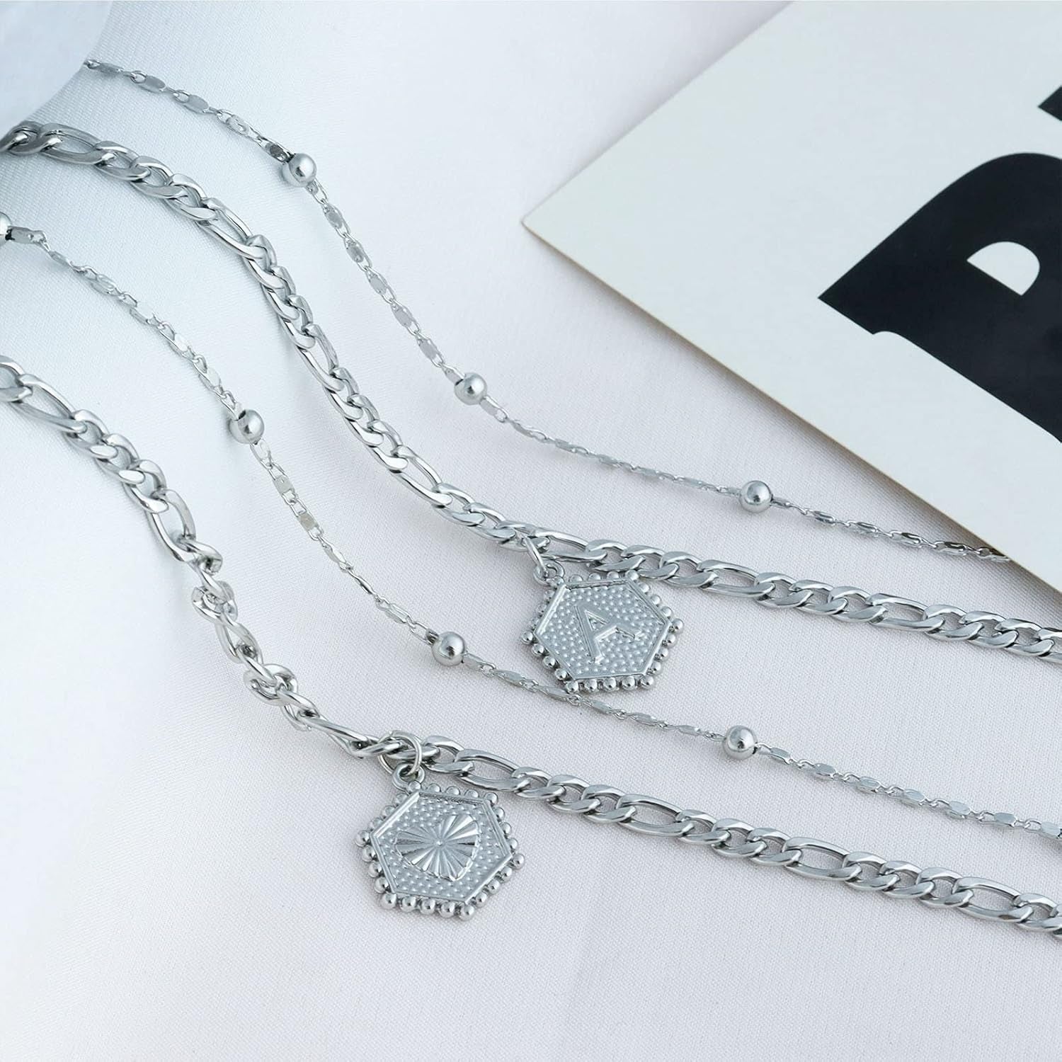 Silver Initial Anklet Layered Beaded Hexagon