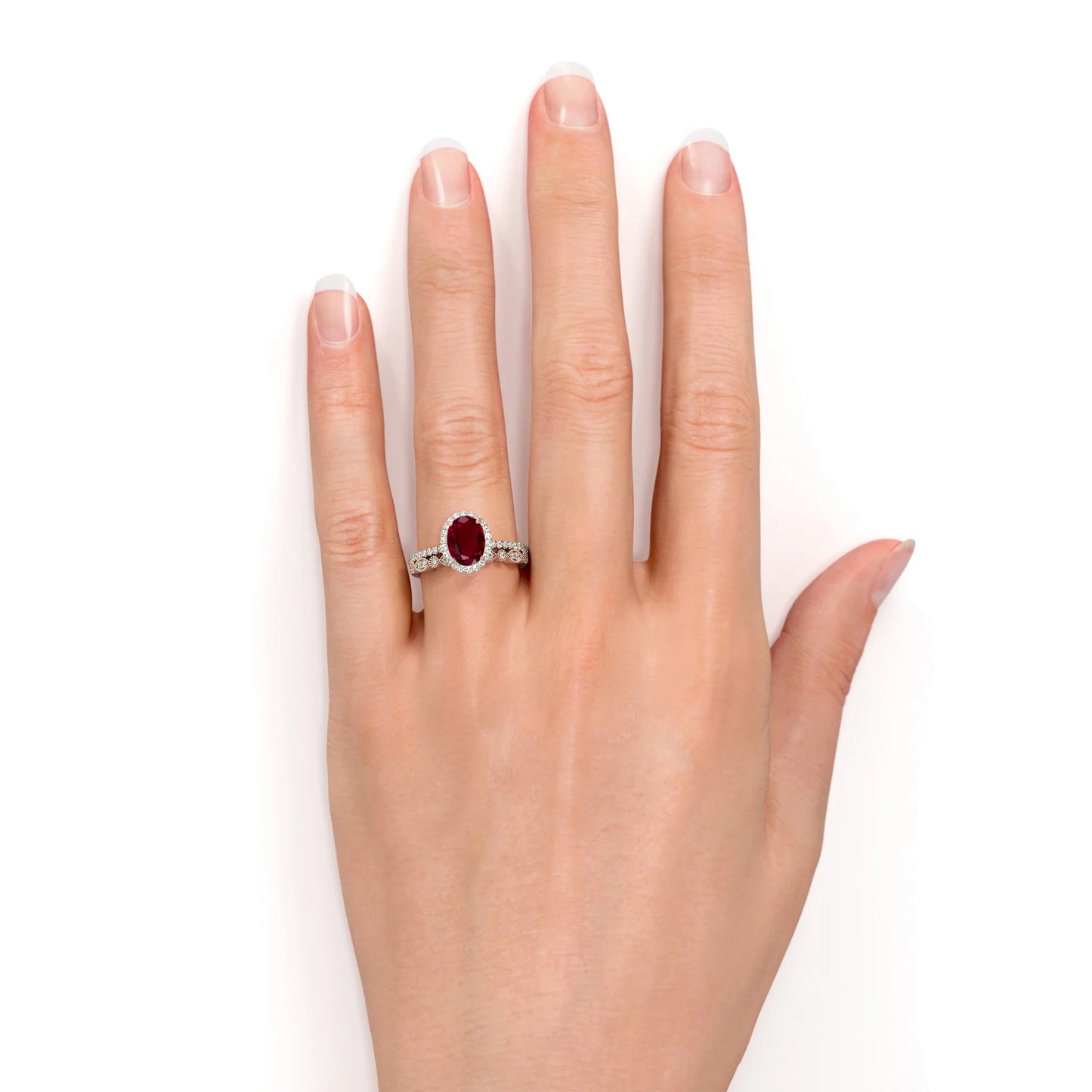 1.75 Carat Oval Burmese Lab Created Ruby Bridal Ring Set