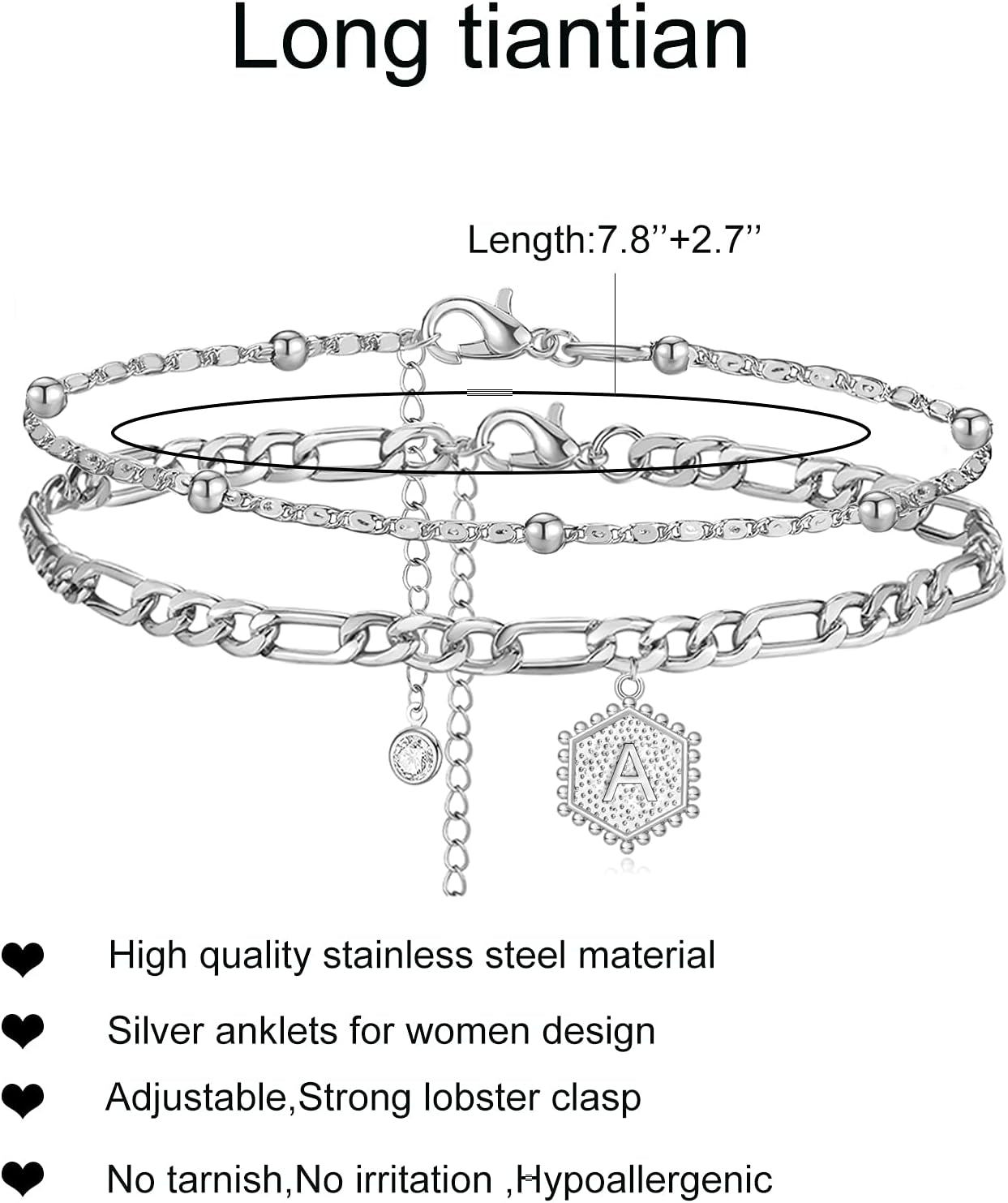 Silver Initial Anklet Layered Beaded Hexagon