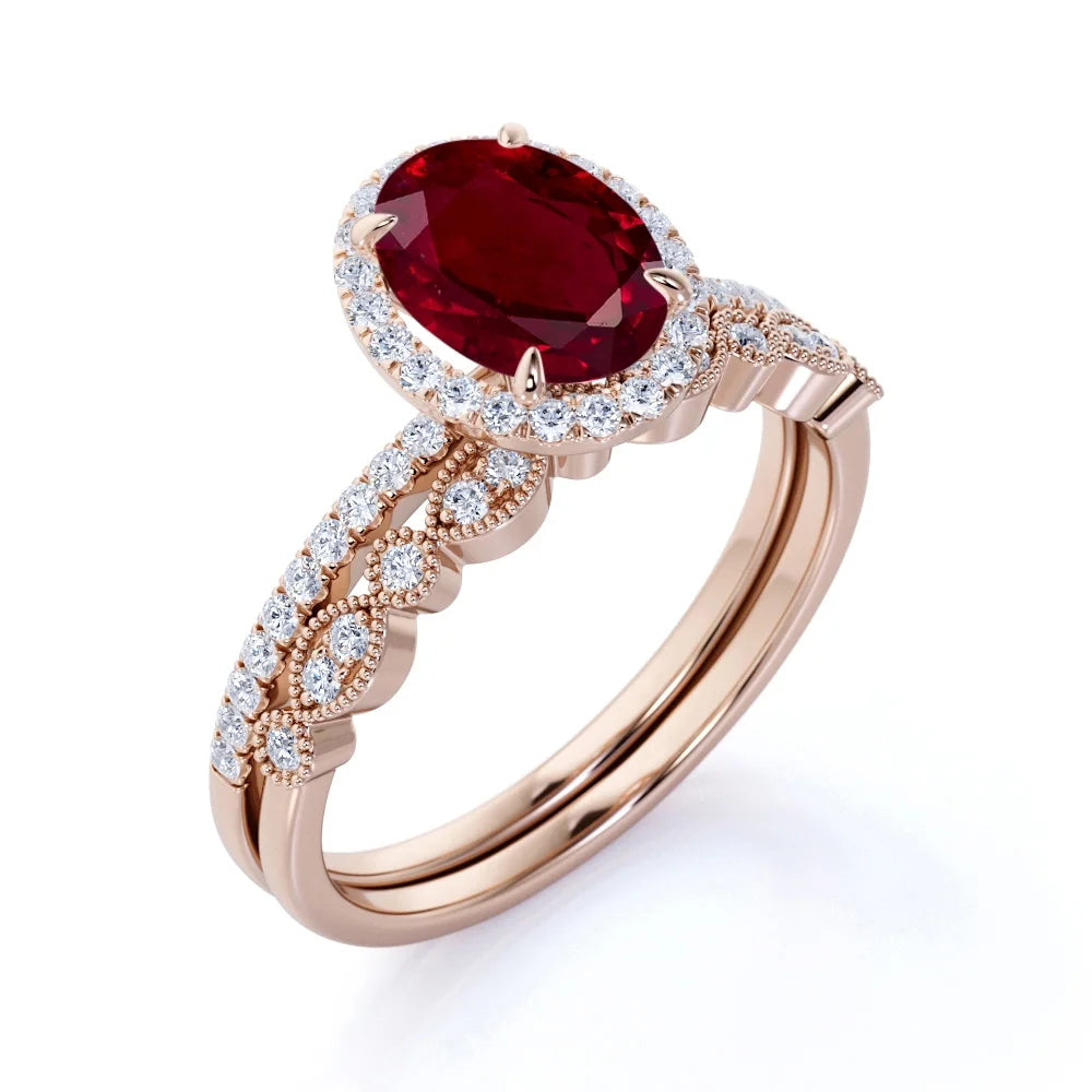 1.75 Carat Oval Burmese Lab Created Ruby Bridal Ring Set