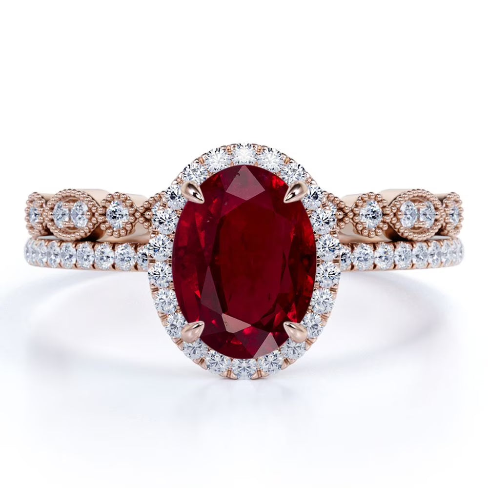 1.75 Carat Oval Burmese Lab Created Ruby Bridal Ring Set
