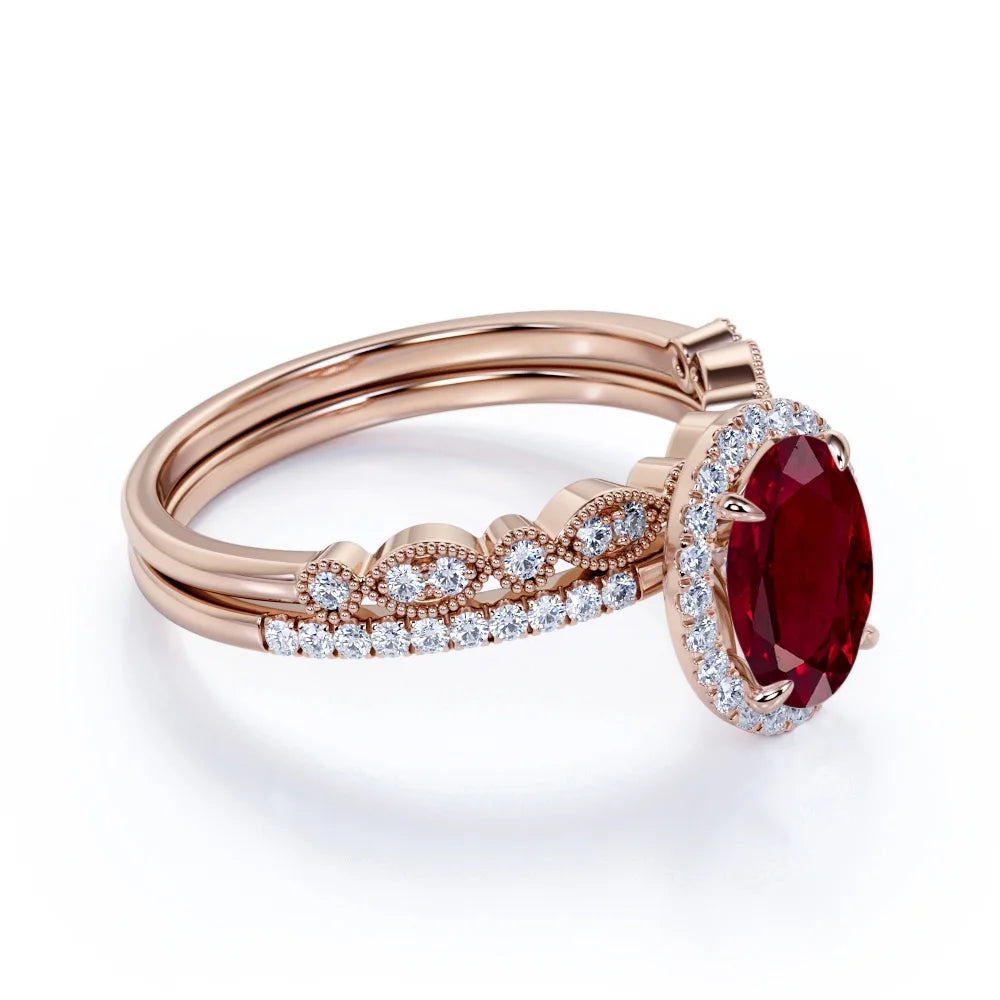 1.75 Carat Oval Burmese Lab Created Ruby Bridal Ring Set