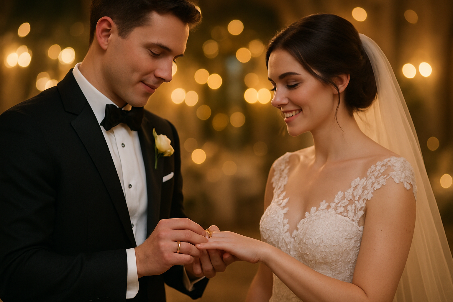 I need a picture of a man and a woman getting married, wedding dress and a tux, He is placing the ring on her finger